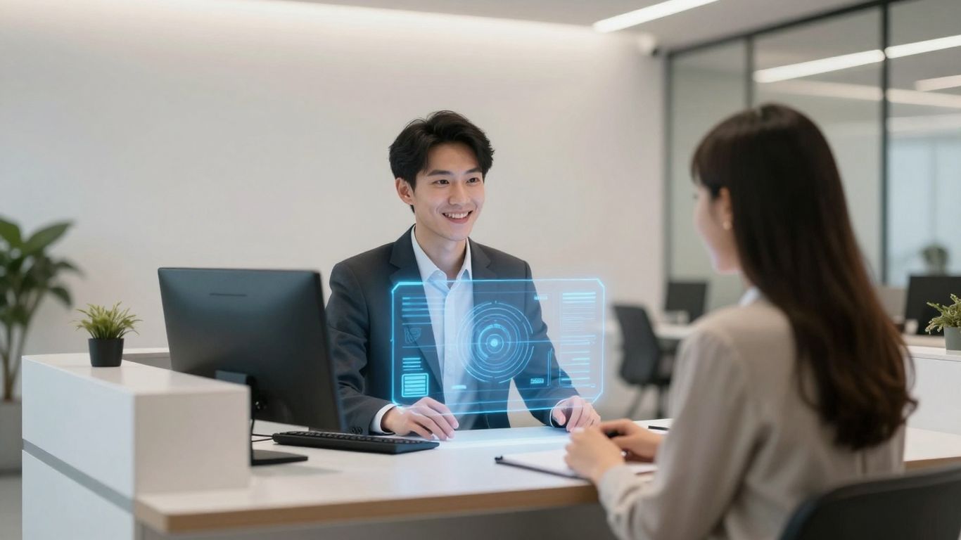 AI receptionist assisting a visitor in a modern office.