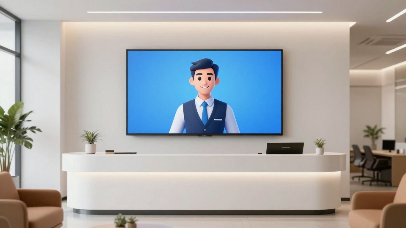 AI receptionist avatar in a modern office setting.