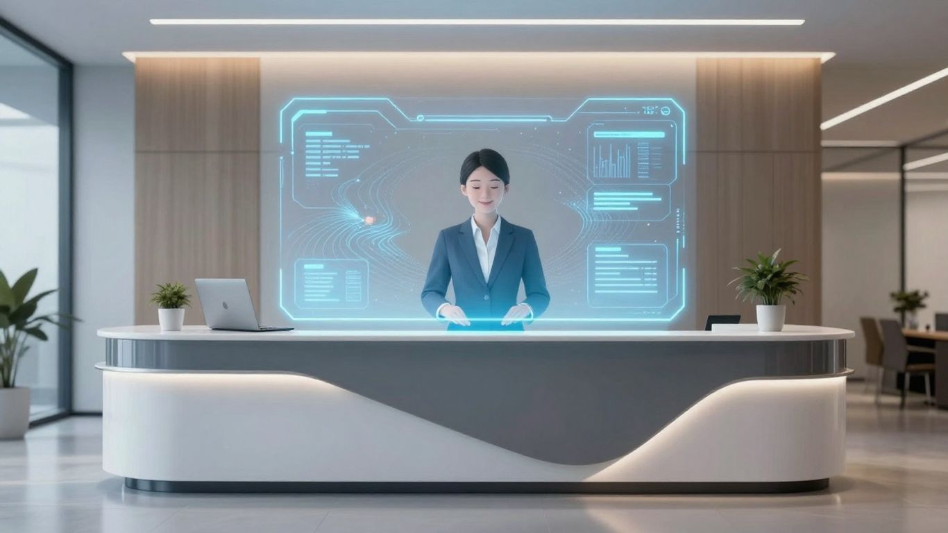 AI receptionist interface in a modern office setting.