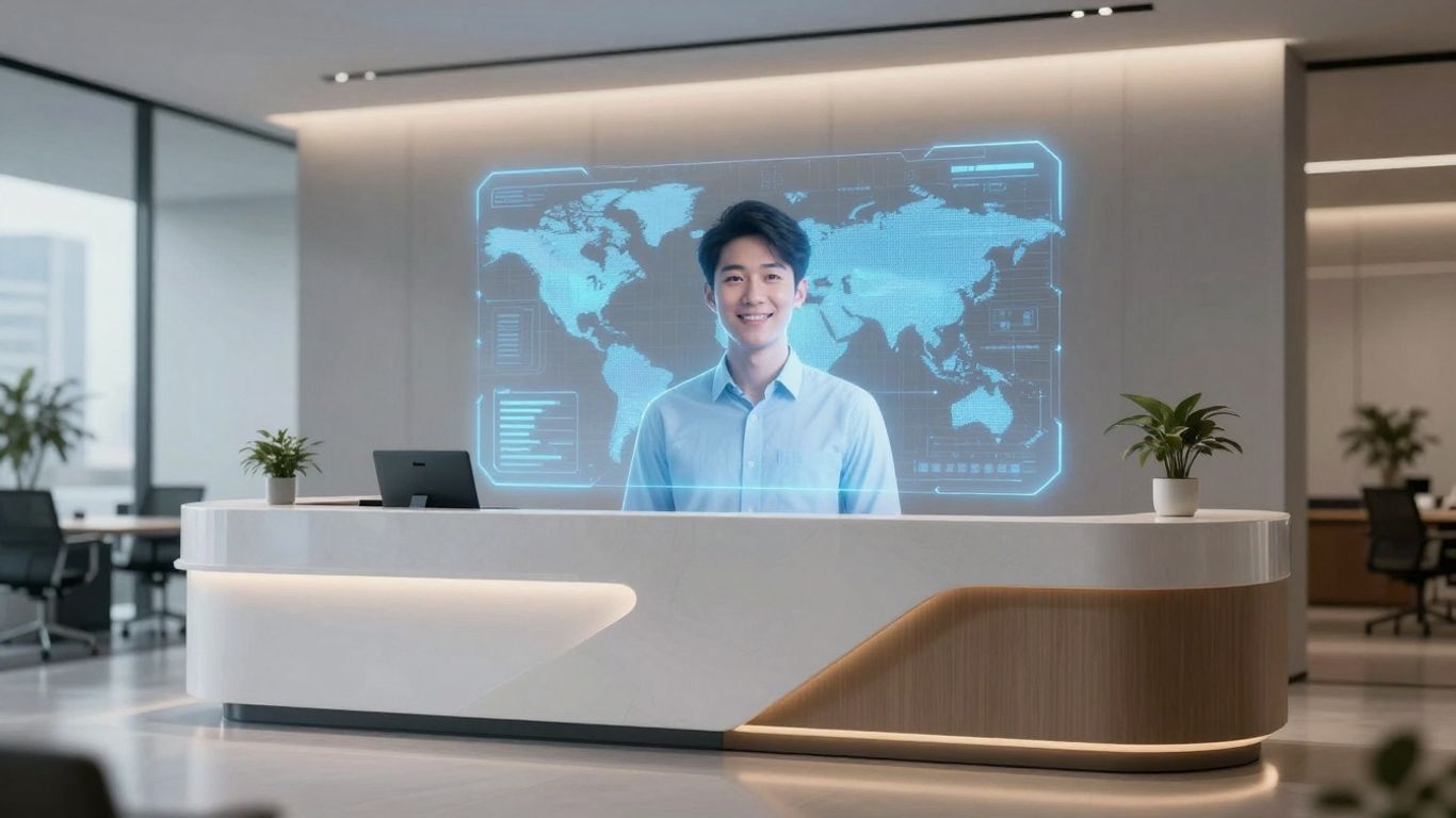AI receptionist avatar in a modern office setting.