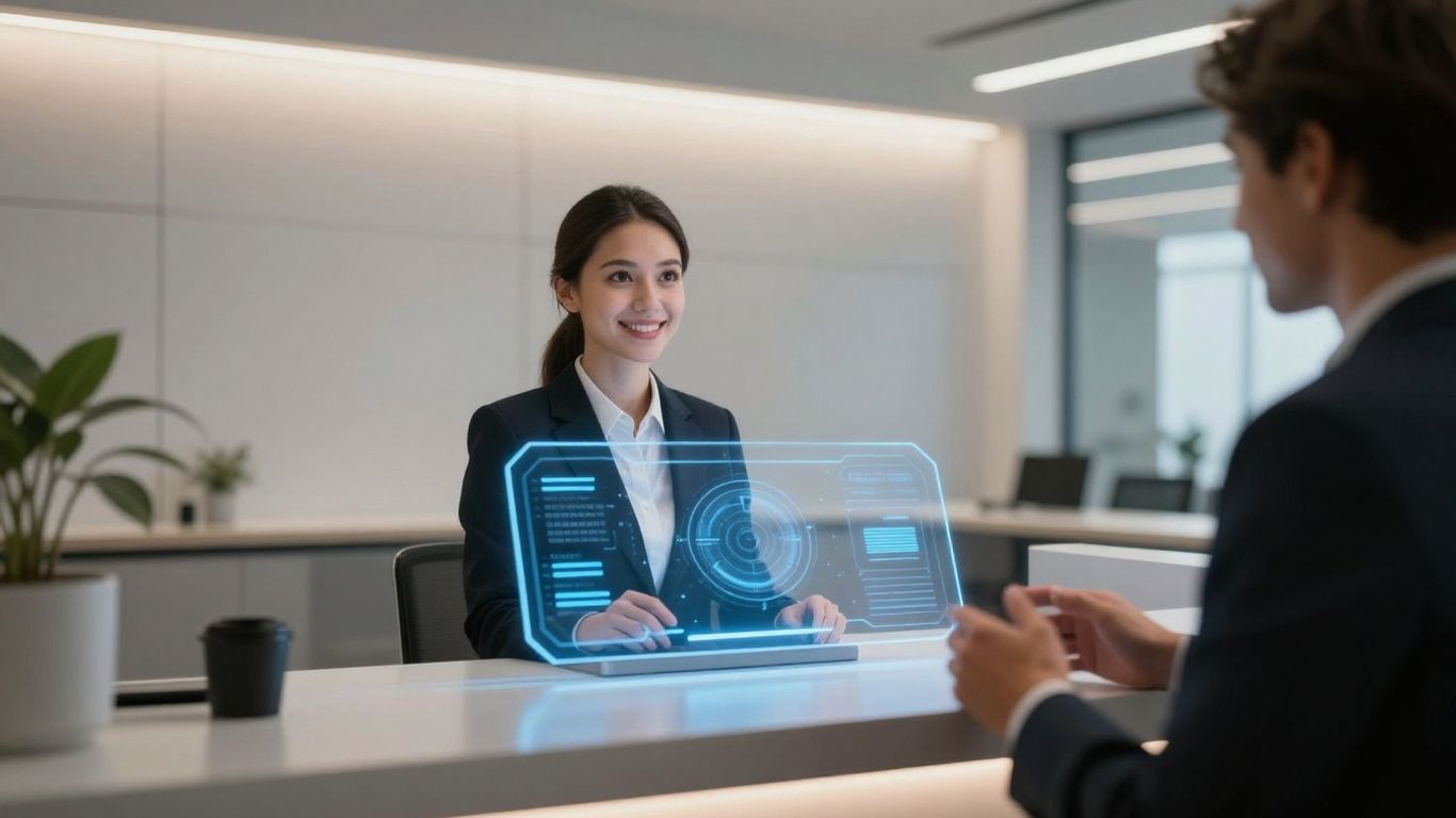 AI receptionist interface in a modern office setting.