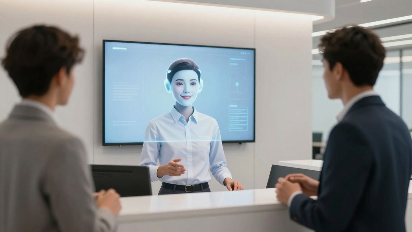 AI receptionist avatar in a modern office setting.