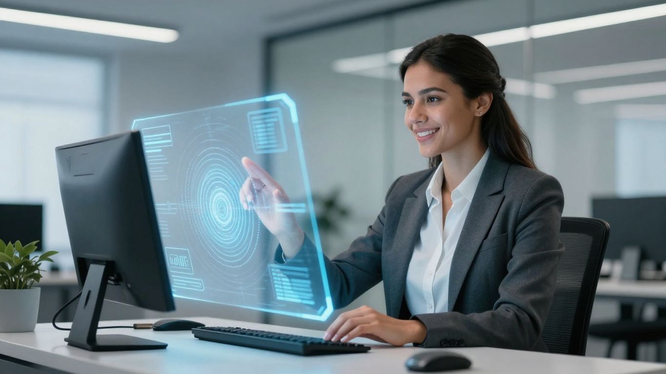 AI virtual receptionist assisting a business professional in an office.