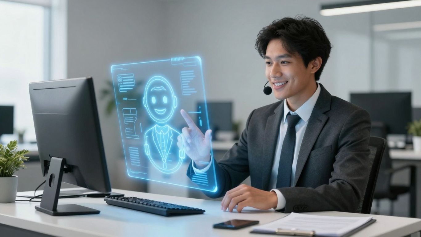 AI receptionist assisting a business person in an office.
