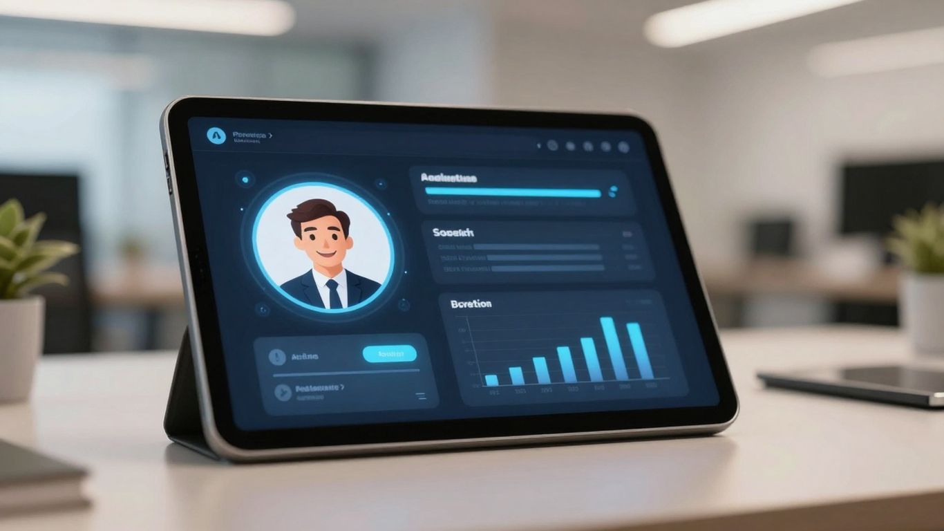 AI virtual receptionist interface on a tablet in an office.
