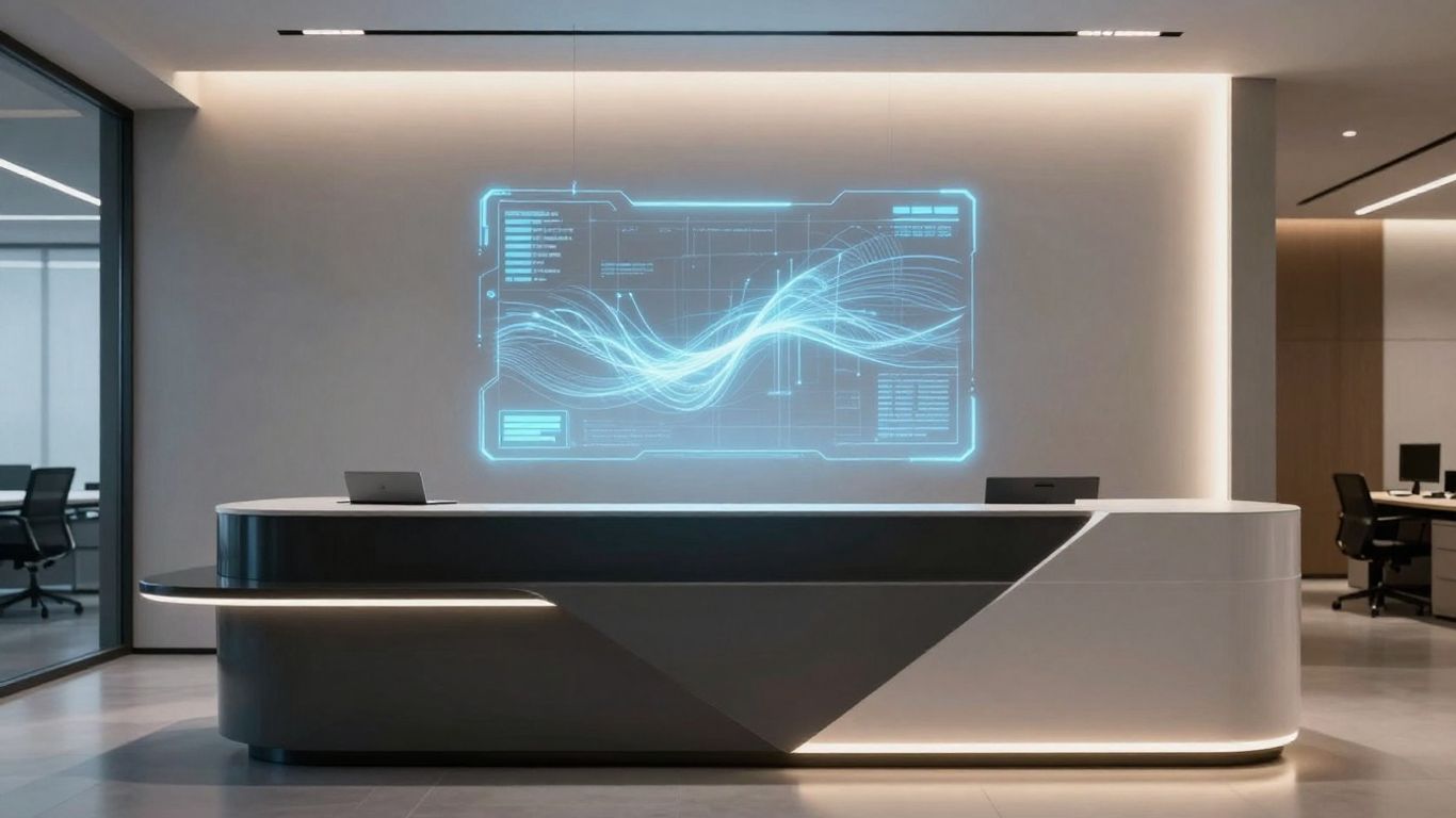 AI receptionist interface in a modern office setting.