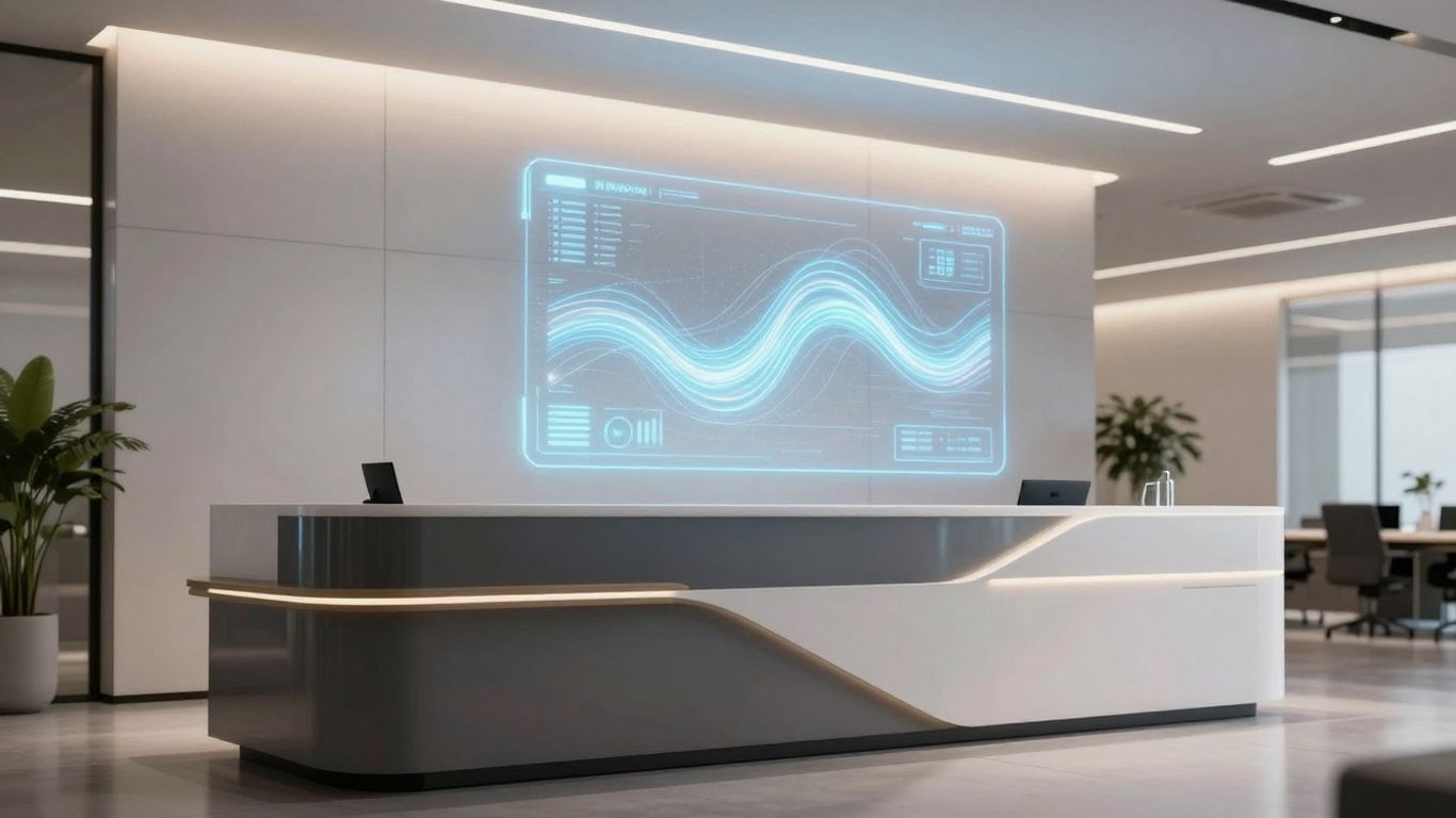 AI receptionist interface in a modern office setting.