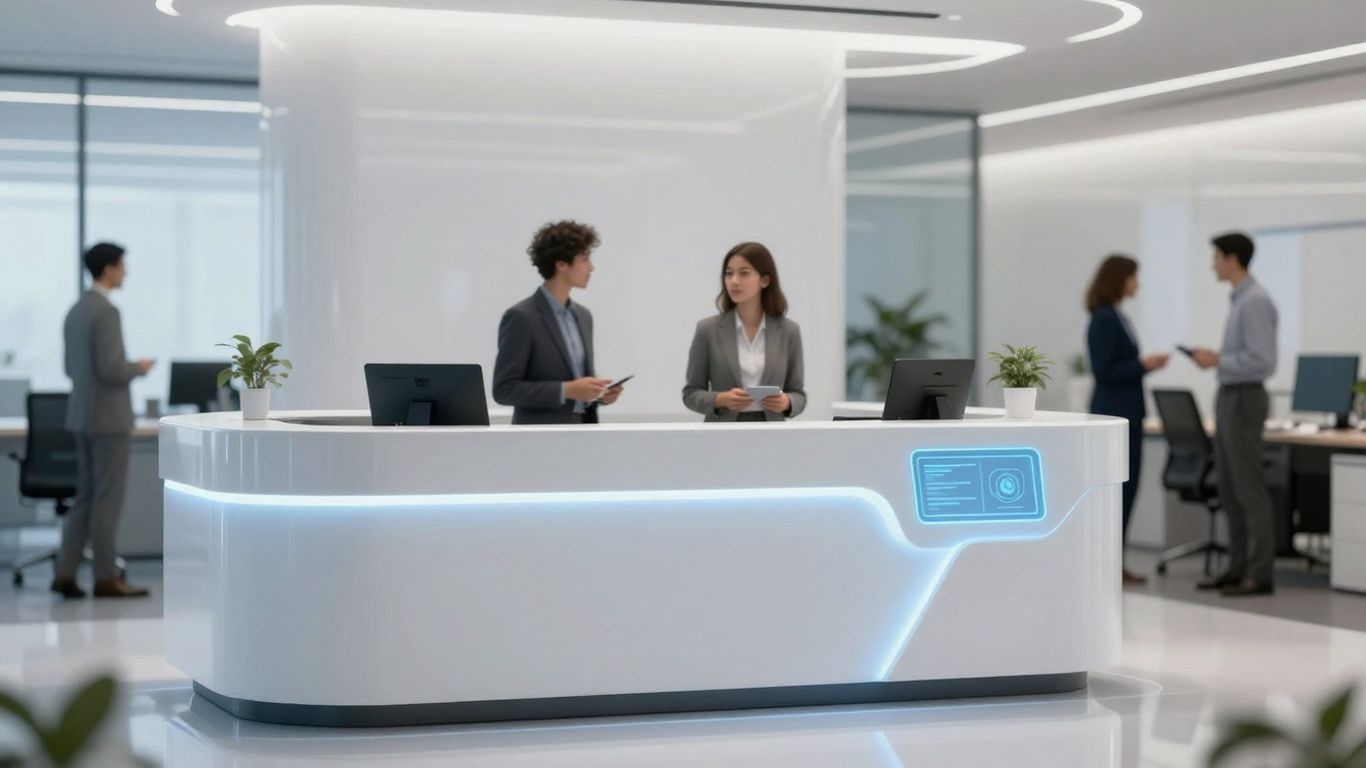 AI receptionist interface in a modern office setting.