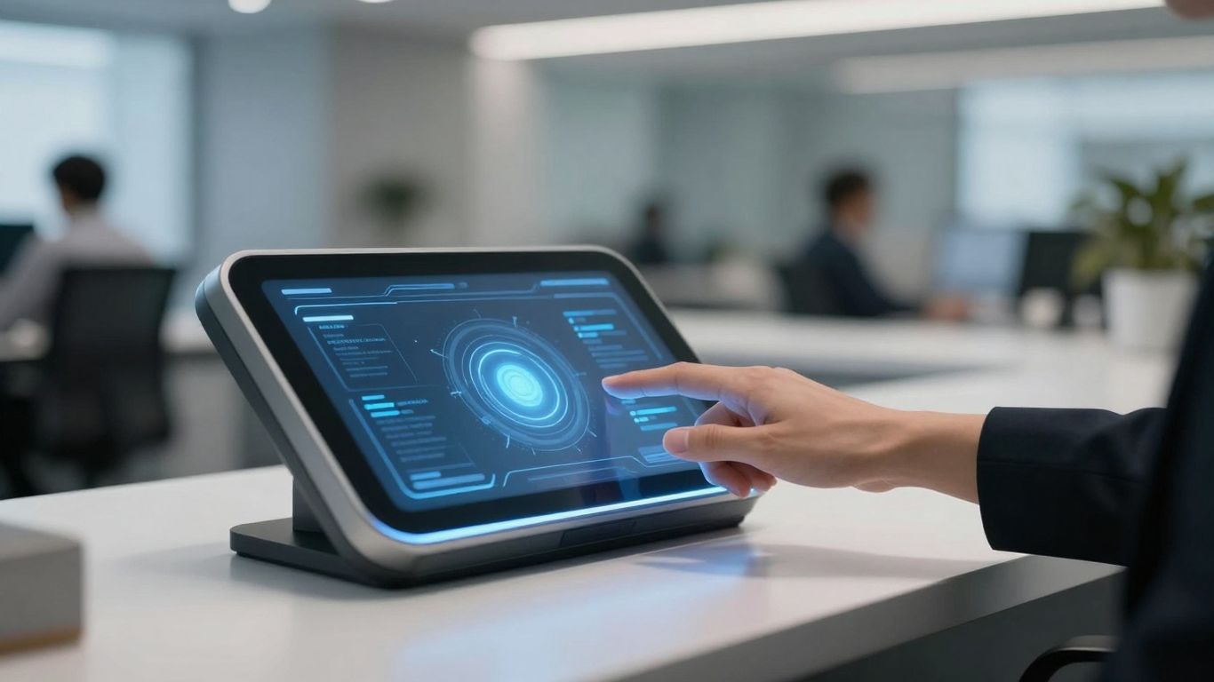 AI receptionist interface at office desk