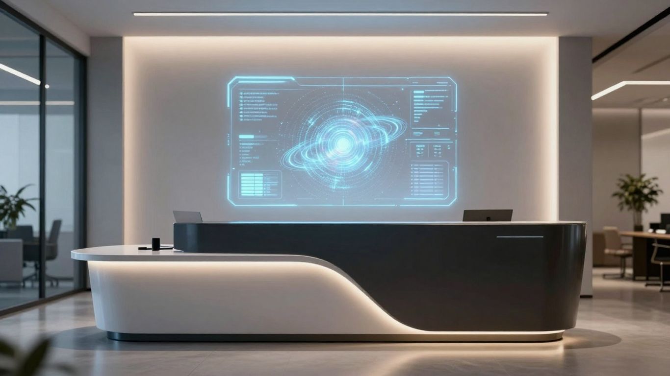 AI receptionist interface in a modern office.