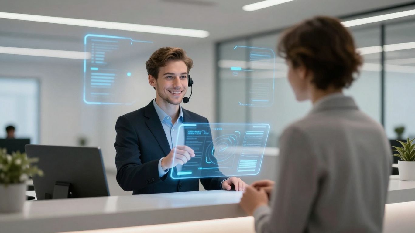 AI receptionist assisting a visitor in a modern office.