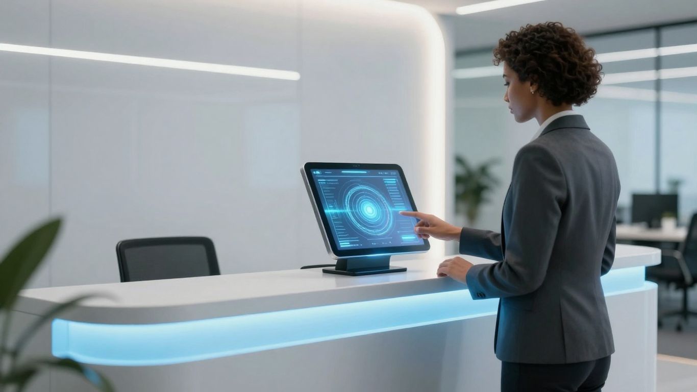 AI receptionist interface in a modern office setting.