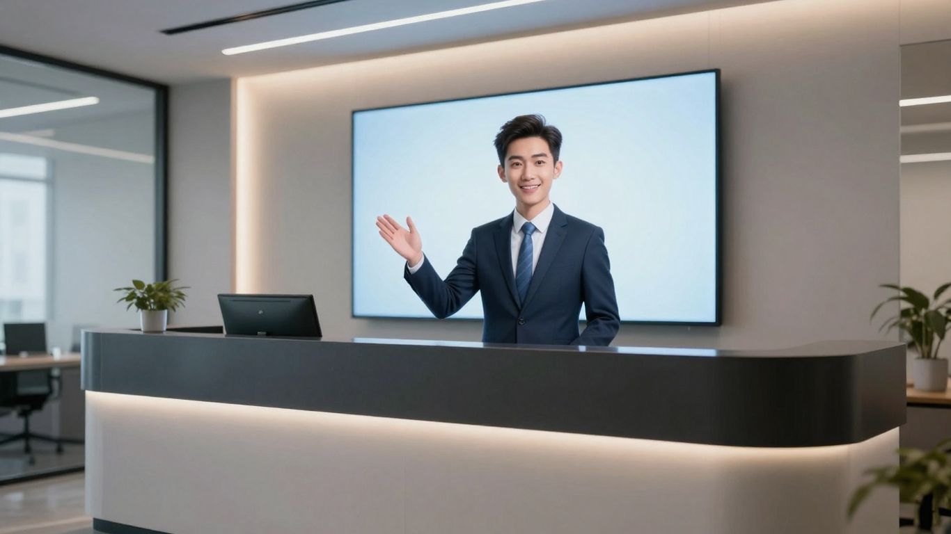 AI receptionist avatar in a modern office setting.