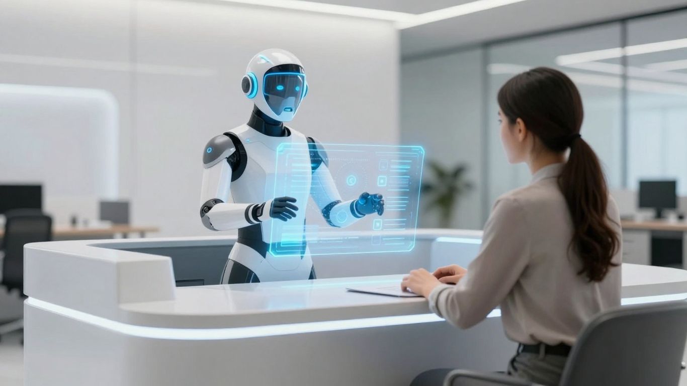 AI receptionist interface in a modern office.