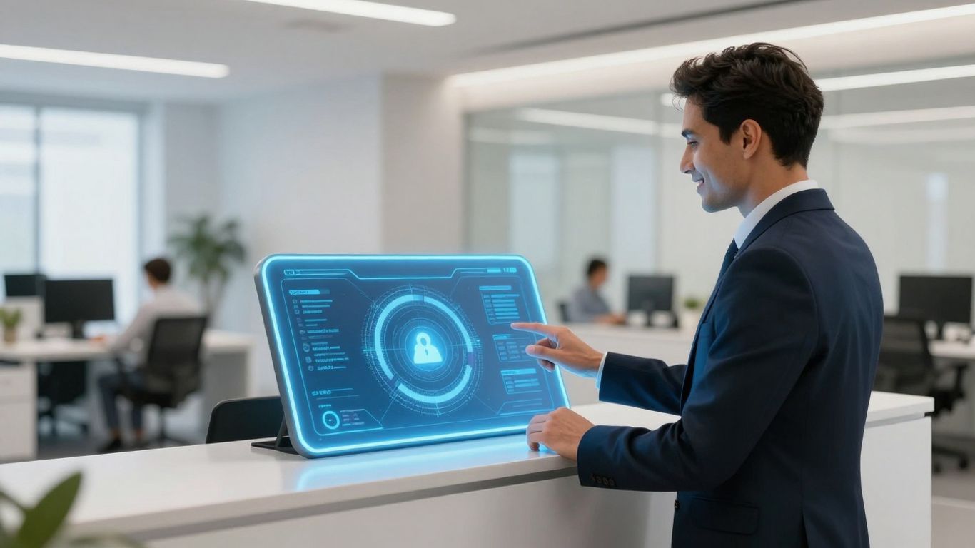 AI receptionist interface in a modern office setting.