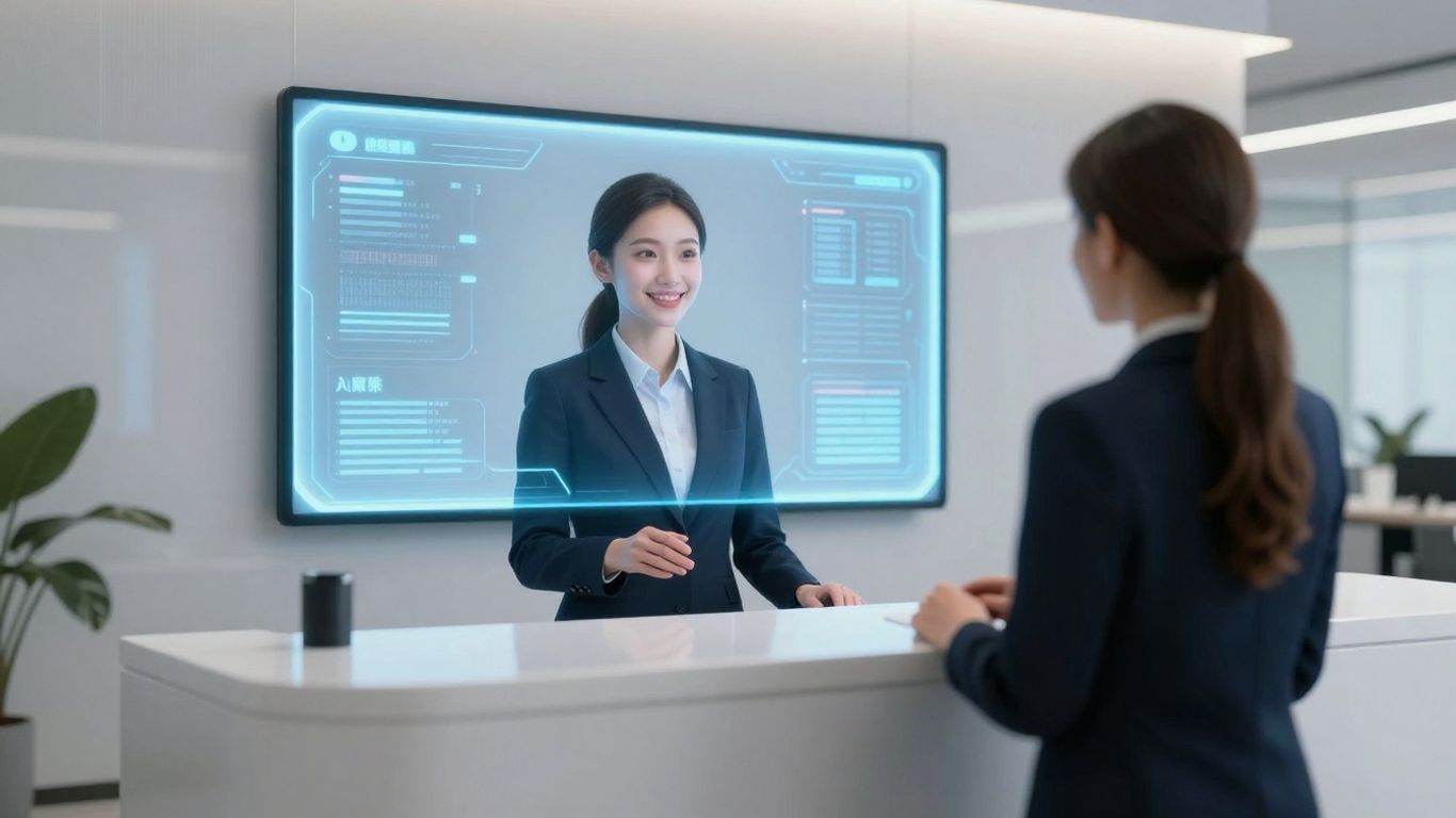 AI receptionist interface in a modern office setting.