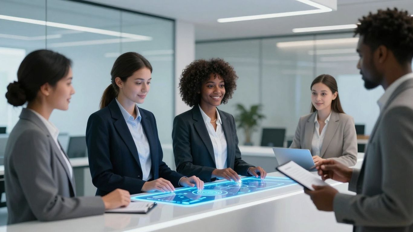 AI receptionist interface in a modern office setting.