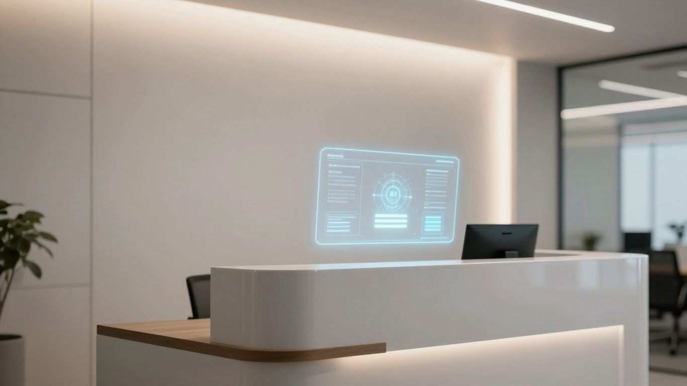AI receptionist interface in a modern office setting.
