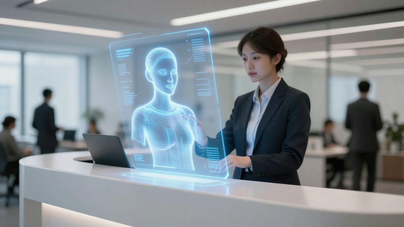 AI receptionist interface in a modern office setting.