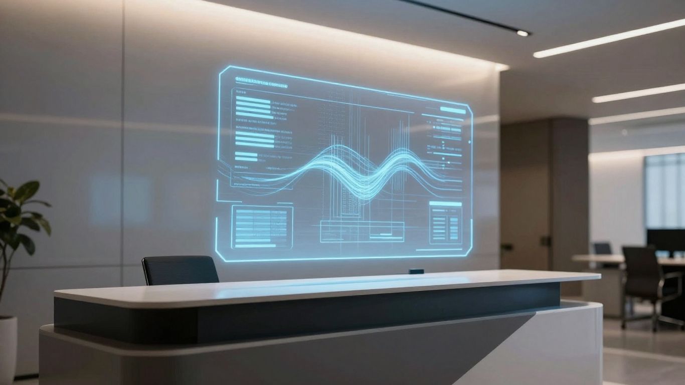 Modern office reception with holographic AI interface.