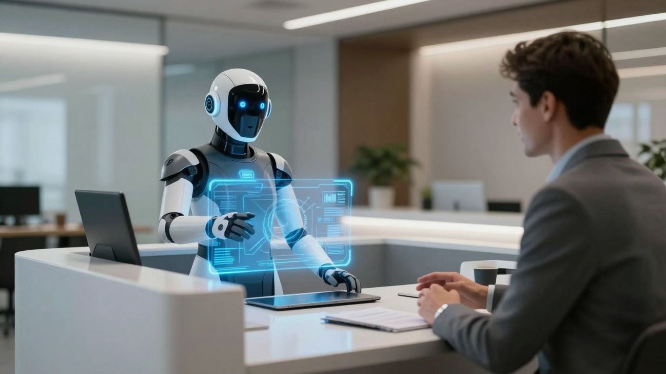 AI receptionist assisting a visitor in a modern office.