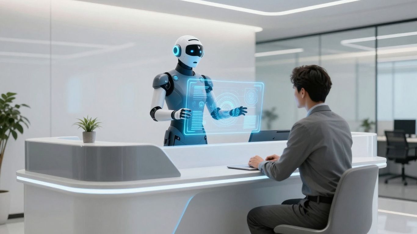 AI receptionist assisting a visitor in a modern office.