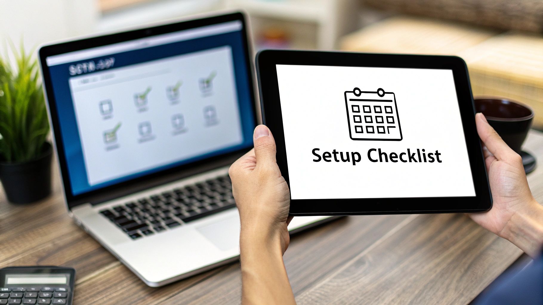 Person holding a tablet displaying 'Setup Checklist' next to a laptop with an application showing completed tasks.