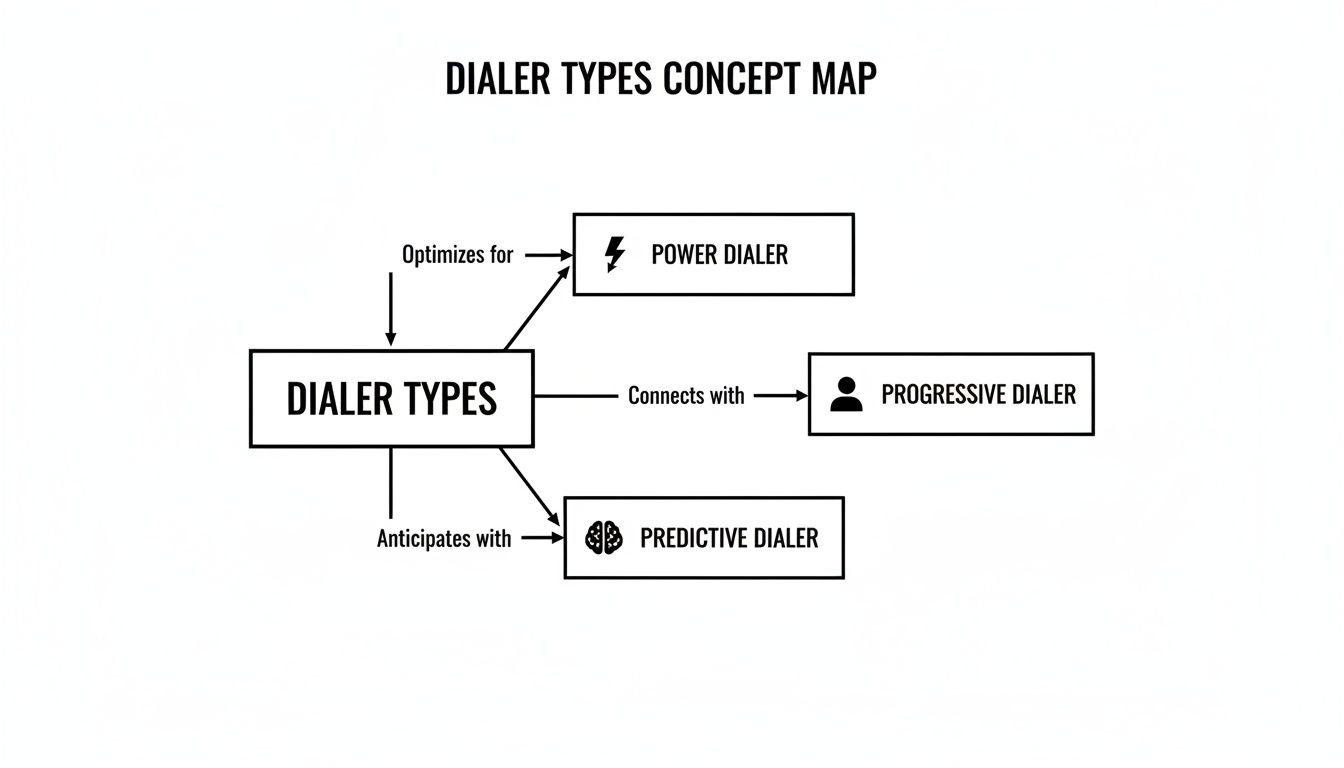 A concept map showing 'Dialer Types' connected to Power Dialer, Progressive Dialer, and Predictive Dialer.