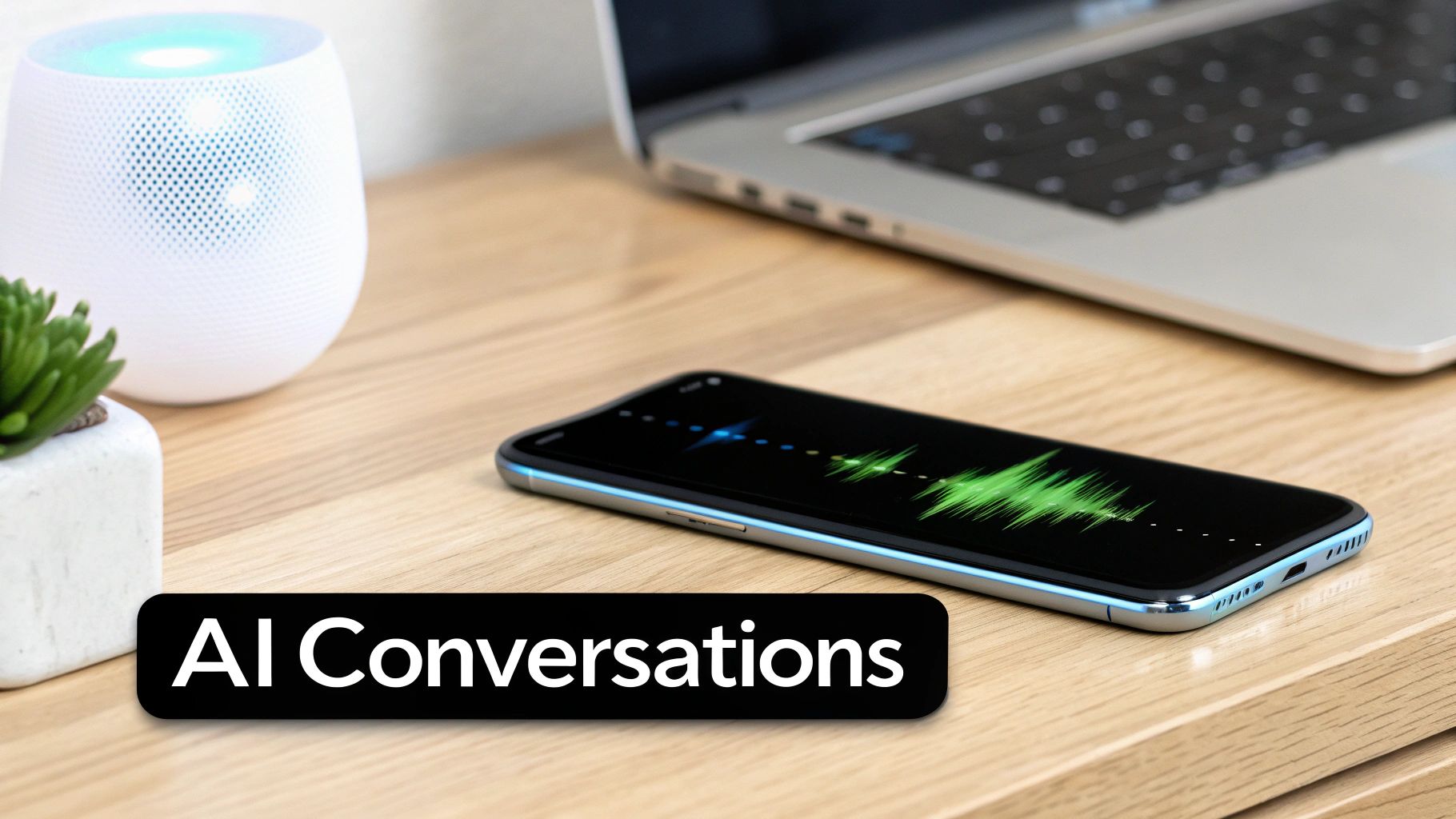 A desk setup featuring a white smart speaker, a smartphone displaying sound waves, a laptop, and 'AI Conversations' text.