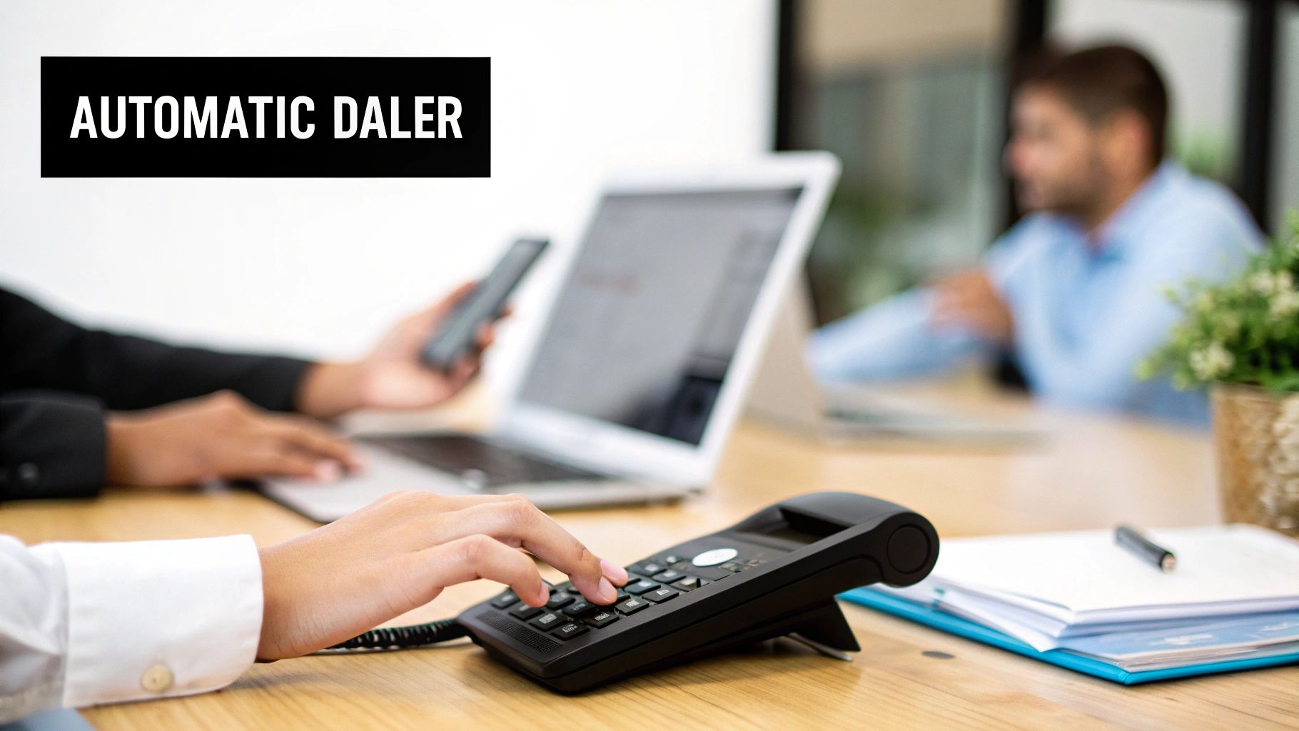Two people working in an office, one using a desk phone, with 'AUTOMATIC DALER' text.