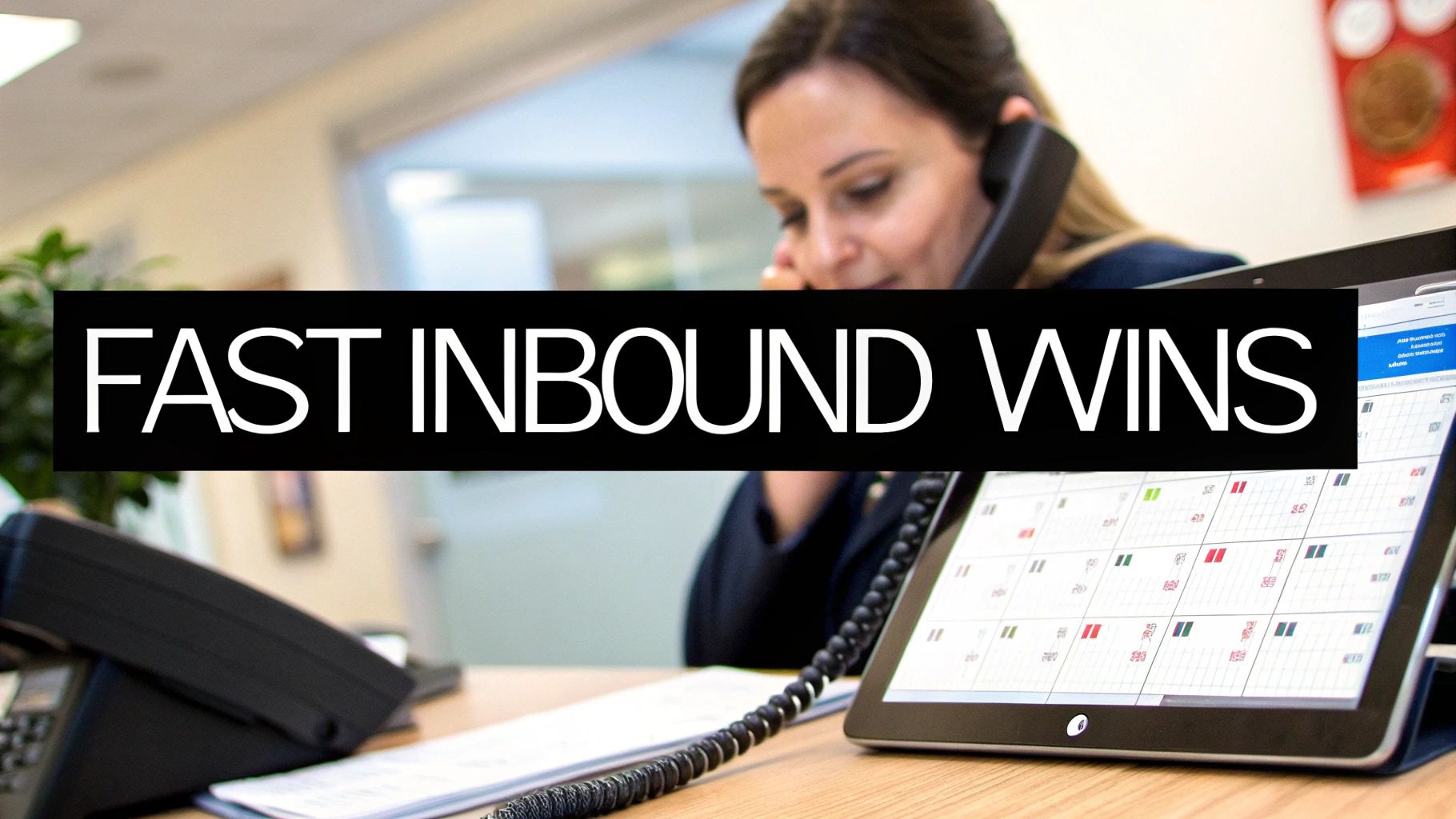 A woman talks on a desk phone in an office, with a tablet. Text overlay: FAST INBOUND WINS.