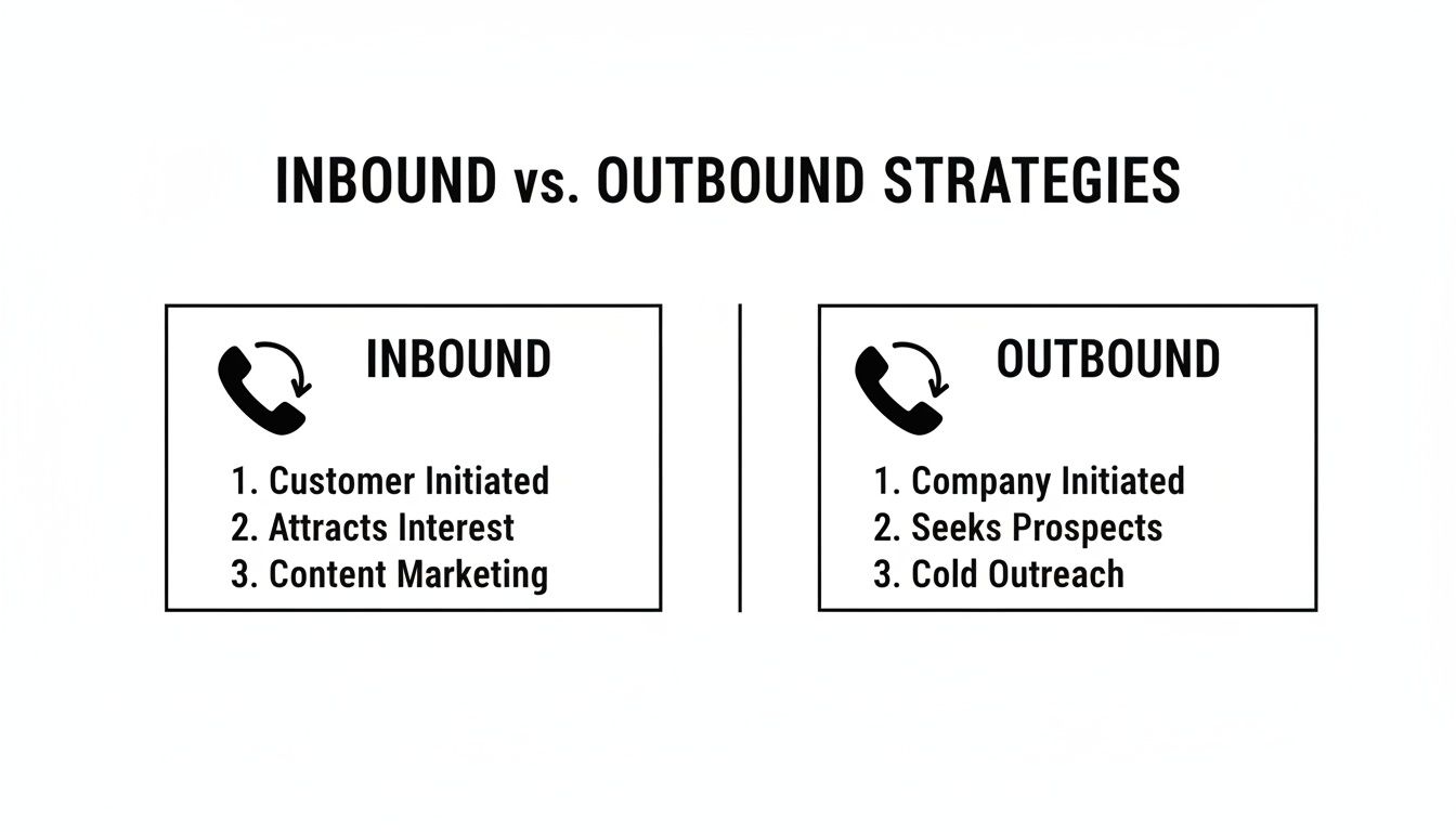 Diagram comparing inbound strategies like content marketing with outbound strategies like cold outreach.