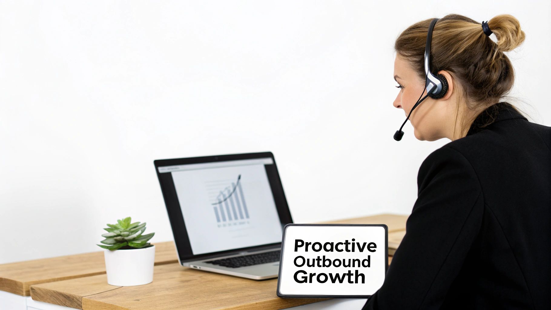 Professional woman with a headset and microphone, viewing a laptop and a tablet displaying "Proactive Outbound Growth."