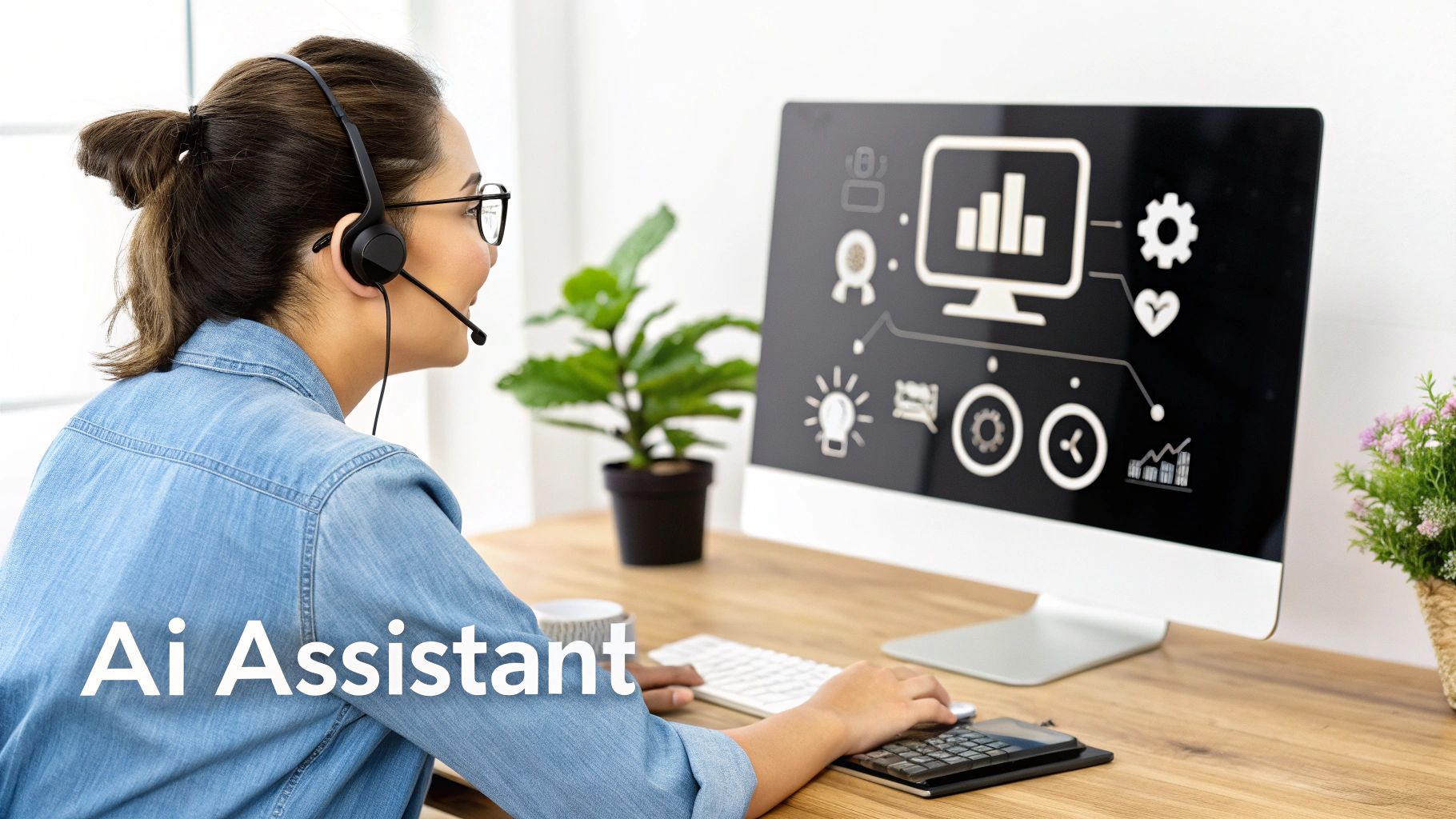A woman wearing a headset works at a computer displaying AI assistant tools and data analysis.