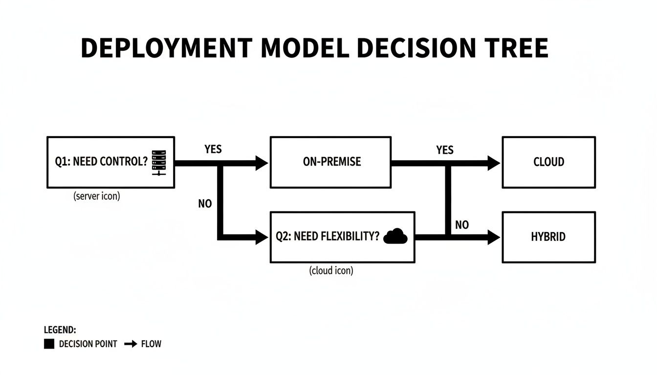 A decision tree diagram illustrating choices for deployment models, covering control, flexibility, On-Premise, Cloud, and Hybrid options.