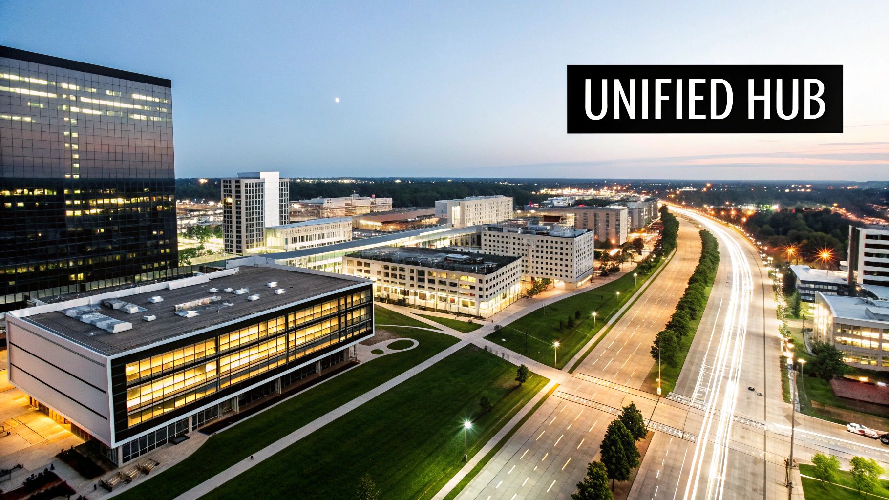 Aerial view of a modern business park at dusk with illuminated buildings, roads, light trails, and 'UNIFIED HUB' text.