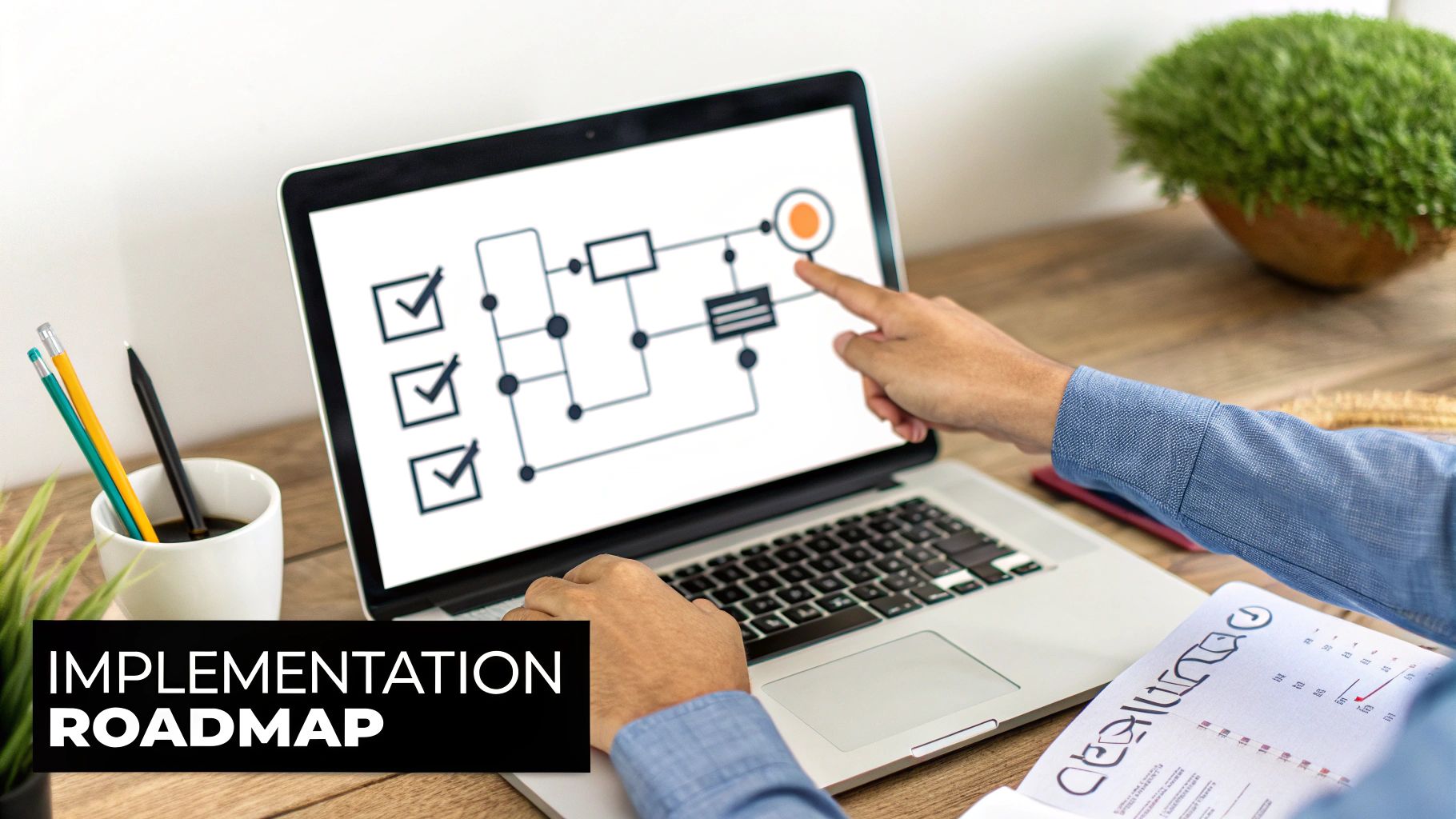 A person's hands working on a laptop displaying an implementation roadmap diagram with checkmarks.