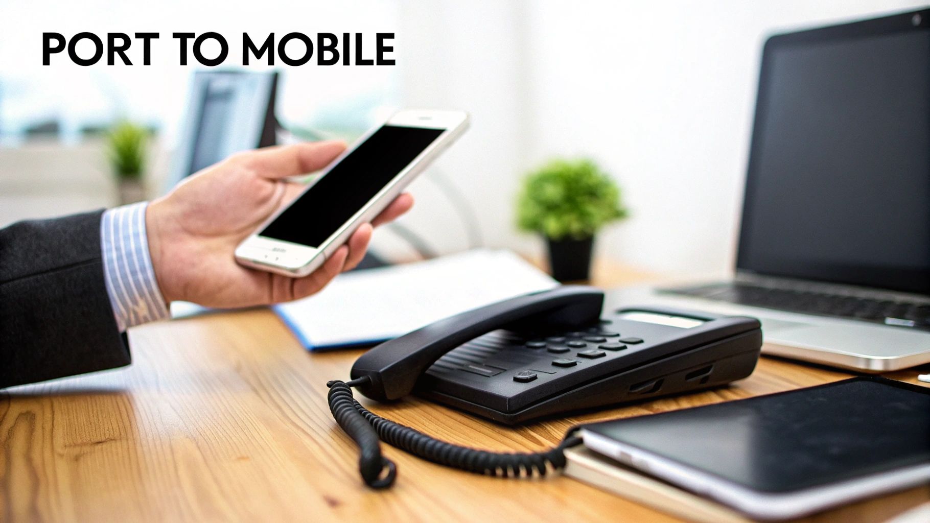 Hand holding a smartphone next to a landline phone and laptop, symbolizing porting to mobile.