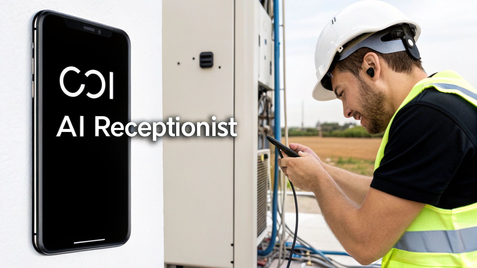 A construction worker in a hard hat and safety vest uses a tablet, next to a smartphone displaying "COI AI Receptionist."