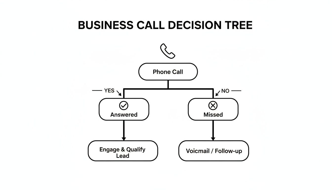 A business call decision tree flowchart illustrating steps for answered and missed calls.