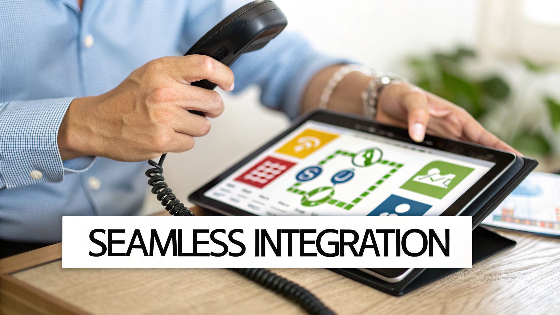 A person holds a phone receiver and a tablet displaying a workflow diagram with 'SEAMLESS INTEGRATION' text.