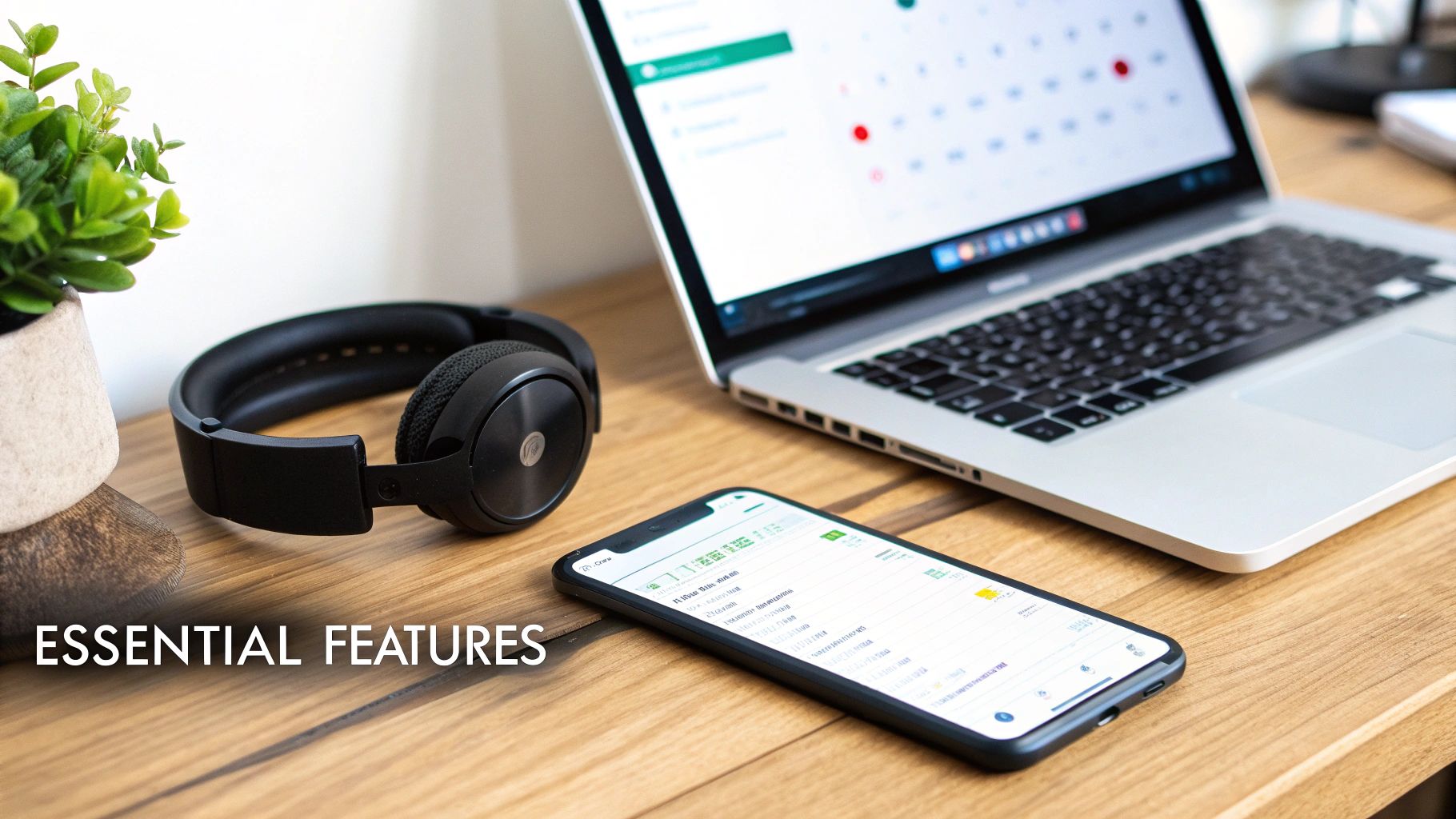 A modern workspace setup with a laptop, smartphone, headphones, and a plant on a wooden desk.