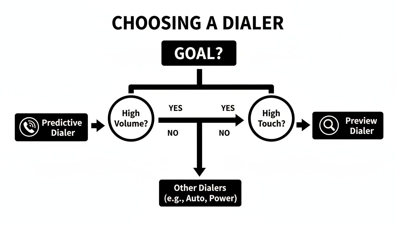 Flowchart for choosing a telephone dialer, evaluating high volume for predictive, or high touch for preview dialers.