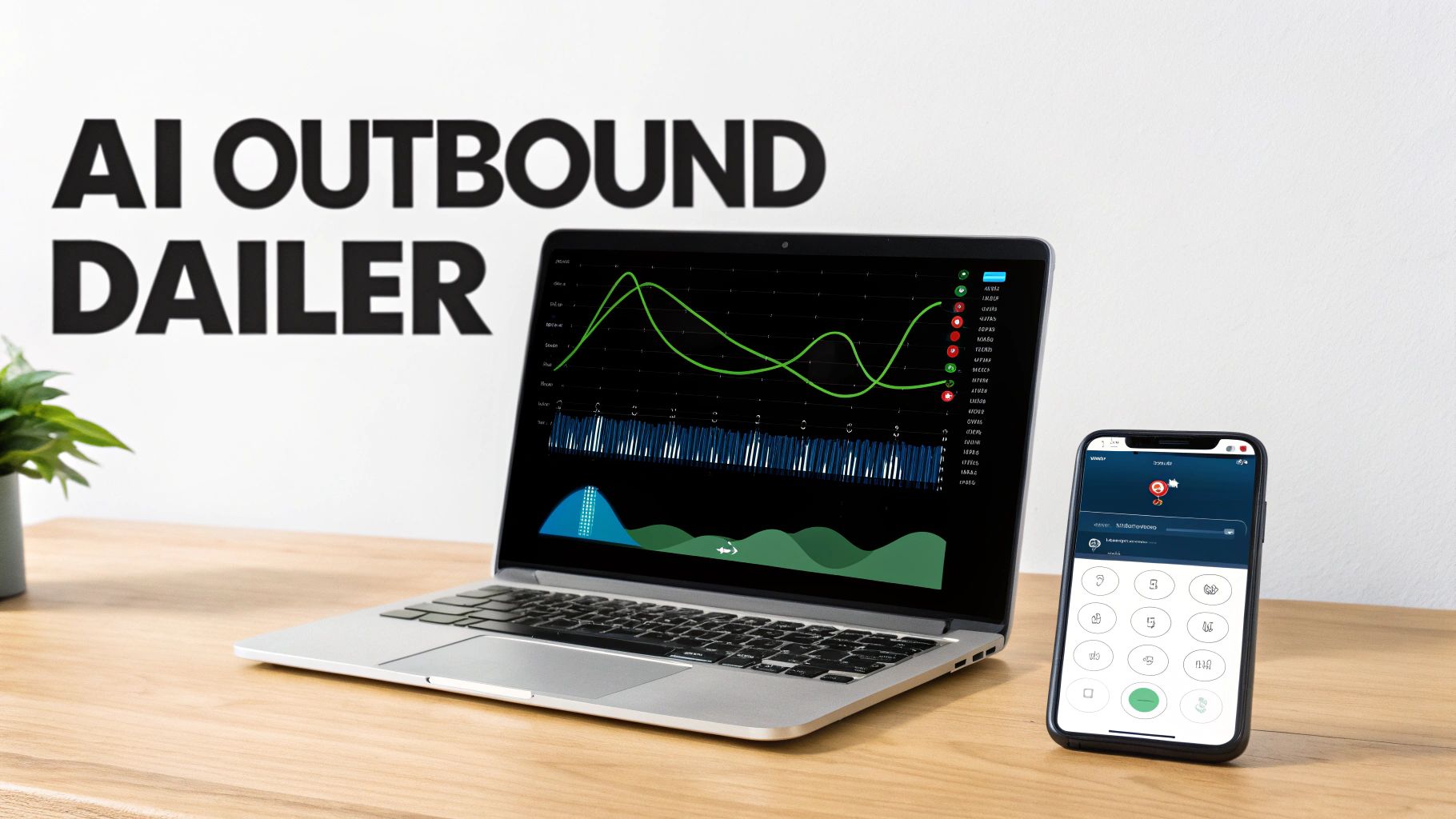 Laptop displaying AI outbound dialer performance graphs and a smartphone with a calling app.