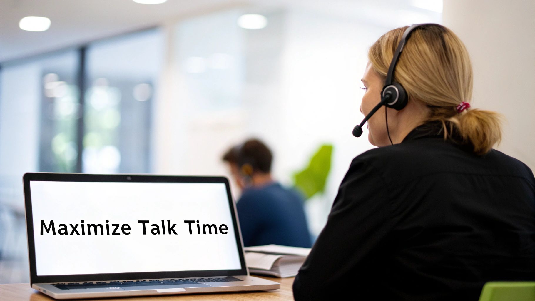 A customer service representative wearing a headset looks at a laptop displaying 'Maximize Talk Time'.