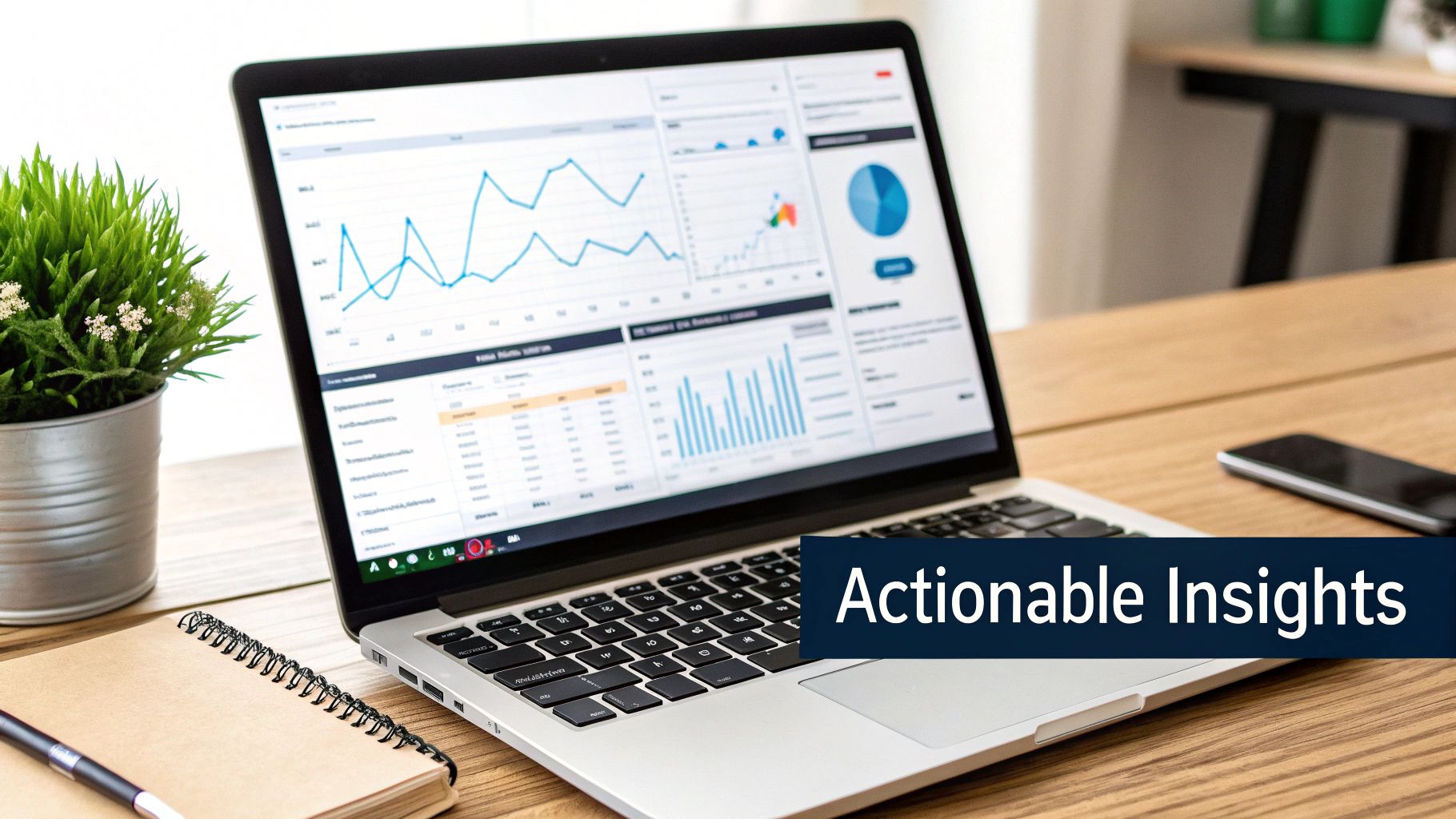 A laptop screen displays various business data analytics charts and graphs on a wooden desk.