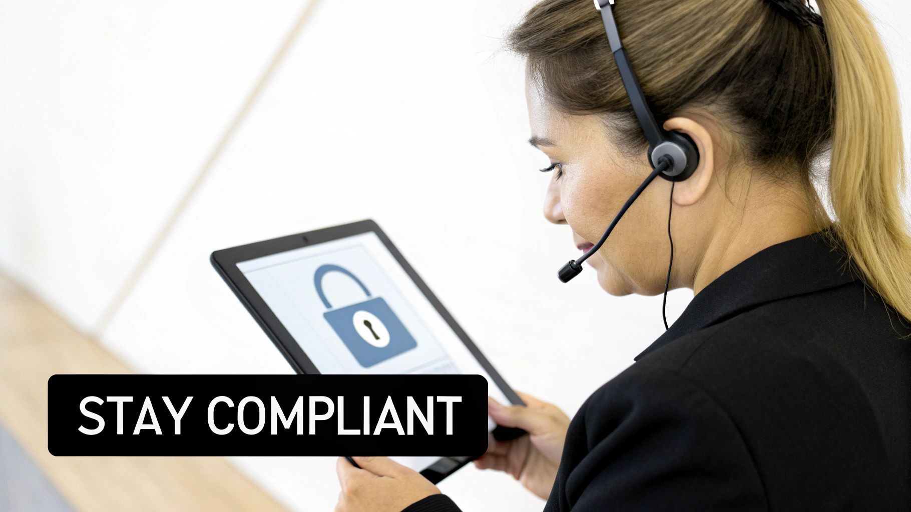 Woman in a headset looks at a tablet with a padlock icon, text says 'STAY COMPLIANT'.