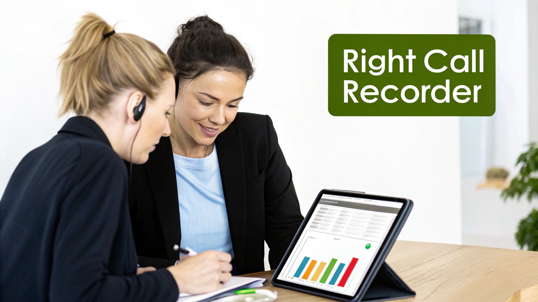 Two women in a call center setting reviewing data on a tablet, with 'Right Call Recorder' text overlay.
