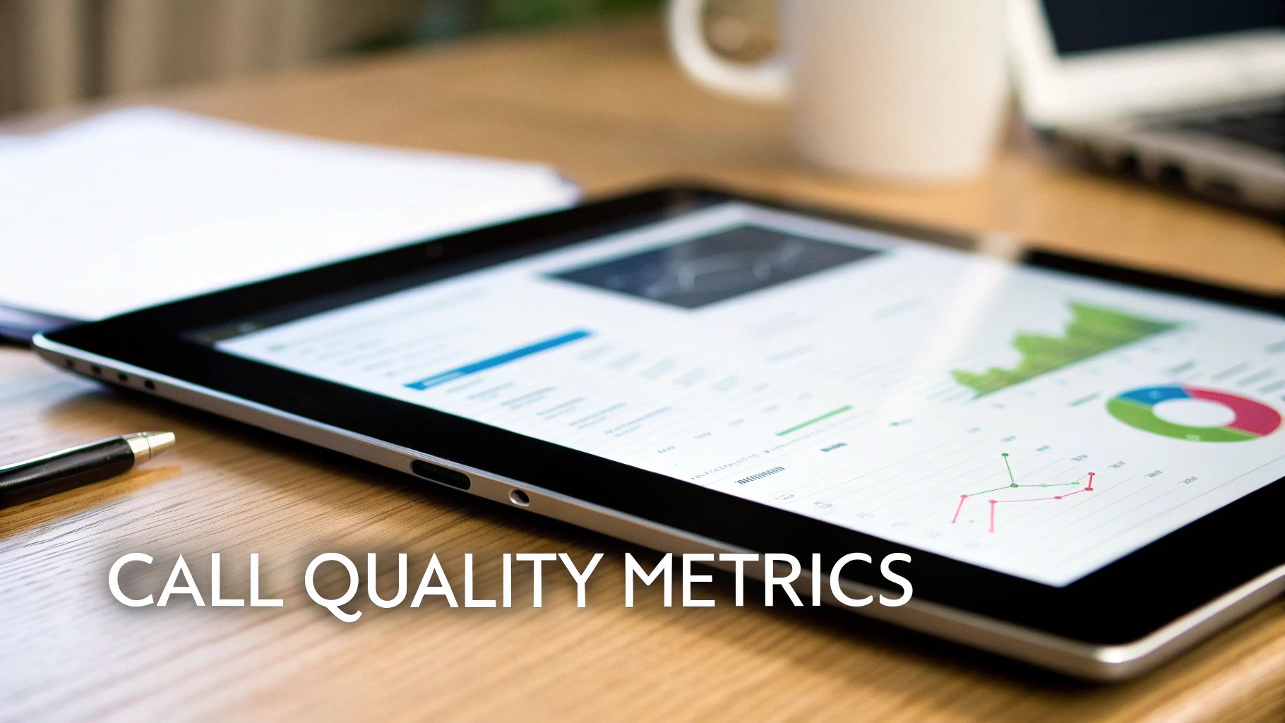 A tablet displaying call quality metrics with various charts and graphs on a wooden desk.