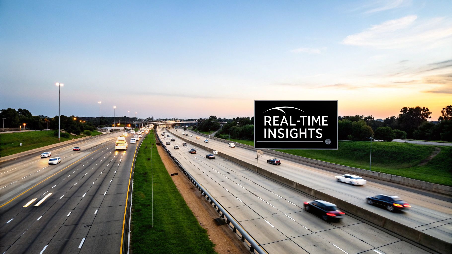 Busy multi-lane highway at sunset with cars moving, and a sign displaying 'REAL-TIME INSIGHTS'.
